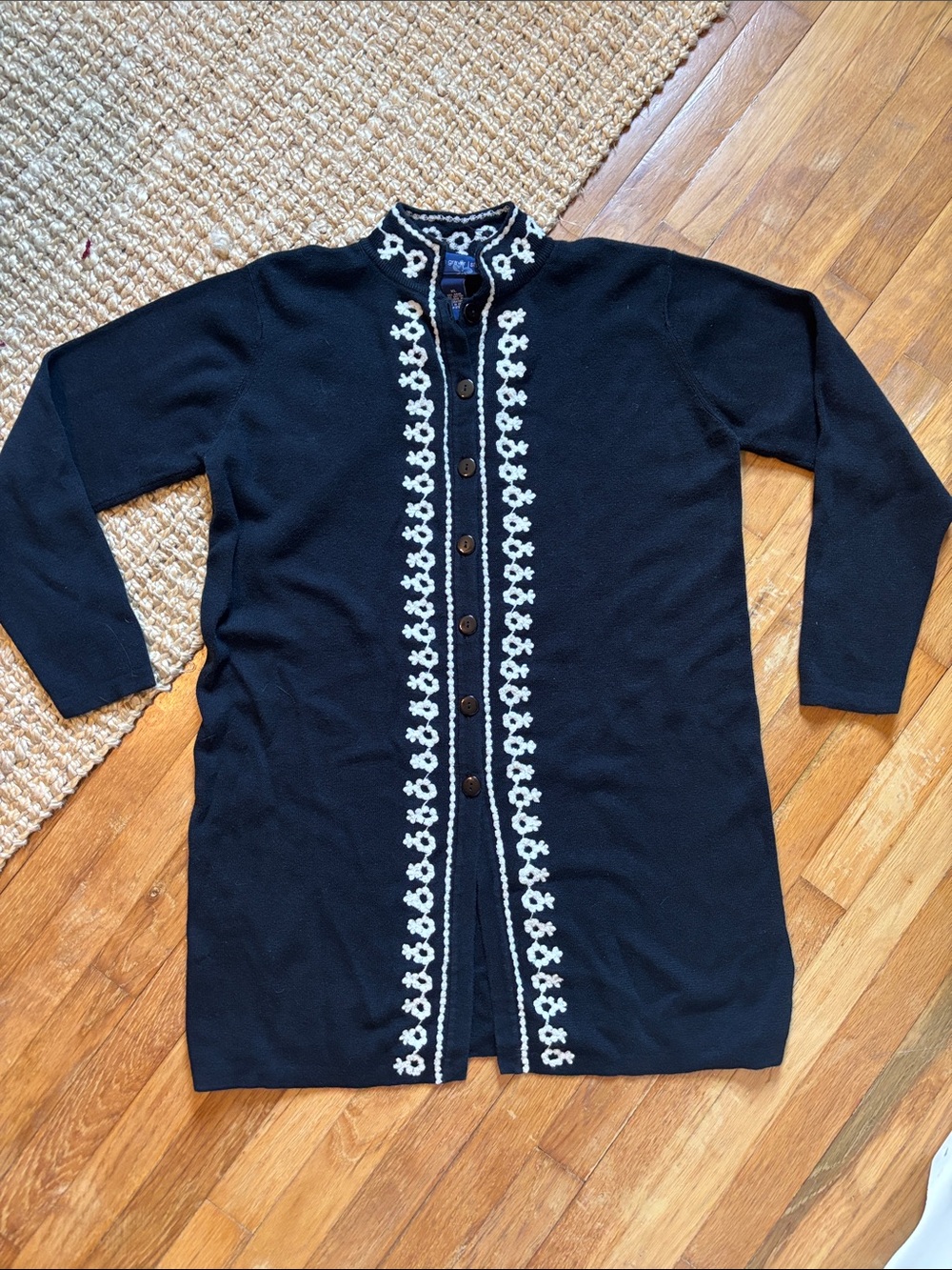 Susan Graver Black Knit Cardigan with White Floral Trim